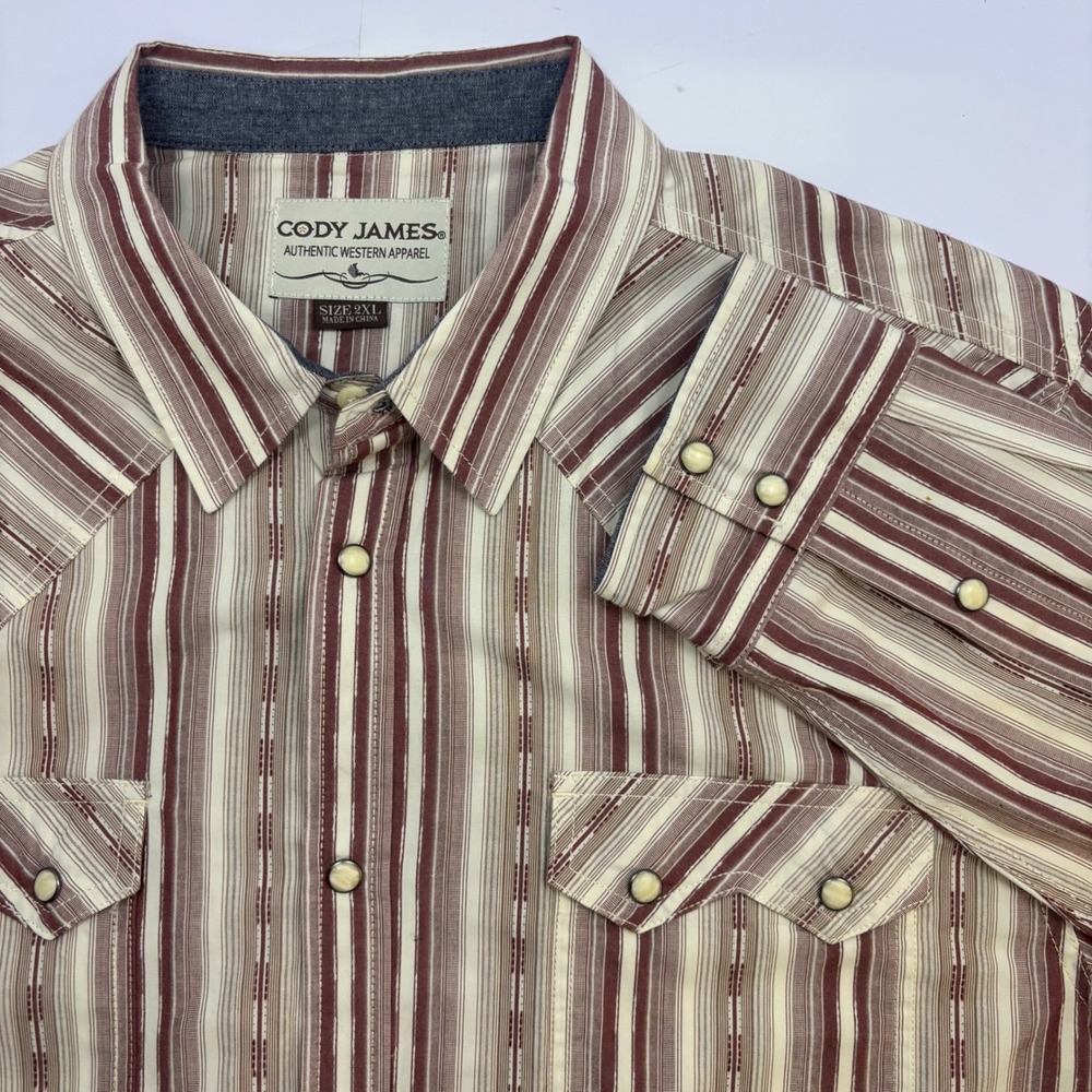 Cody James Mens 2XL Western Pearl Snap Shirt Long Sleeve Striped‎ Burgundy Cream